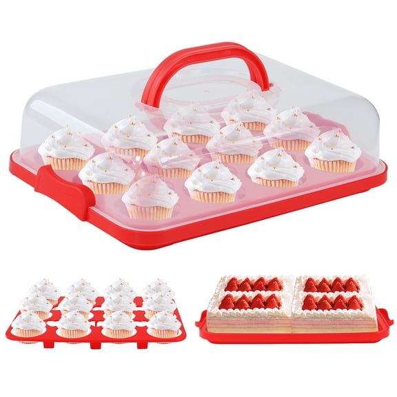 Cake Carrier with Lid, Cake Holder Cupcake Container for 12 Cupcakes 2 in 1 Portable Dessert Container for Cake Pie Muffin Cobbler (Red)