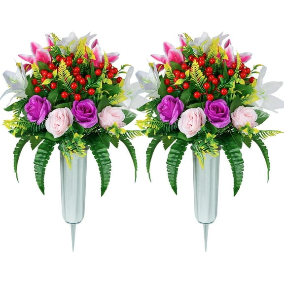 Artificial Cemetery Flowers with Vase, Artificial Rose Lily Bouquet Grave Memorial Flowers for Cemetery Headstones Gravesites Decoration (Set of 2, Pink&Purple)