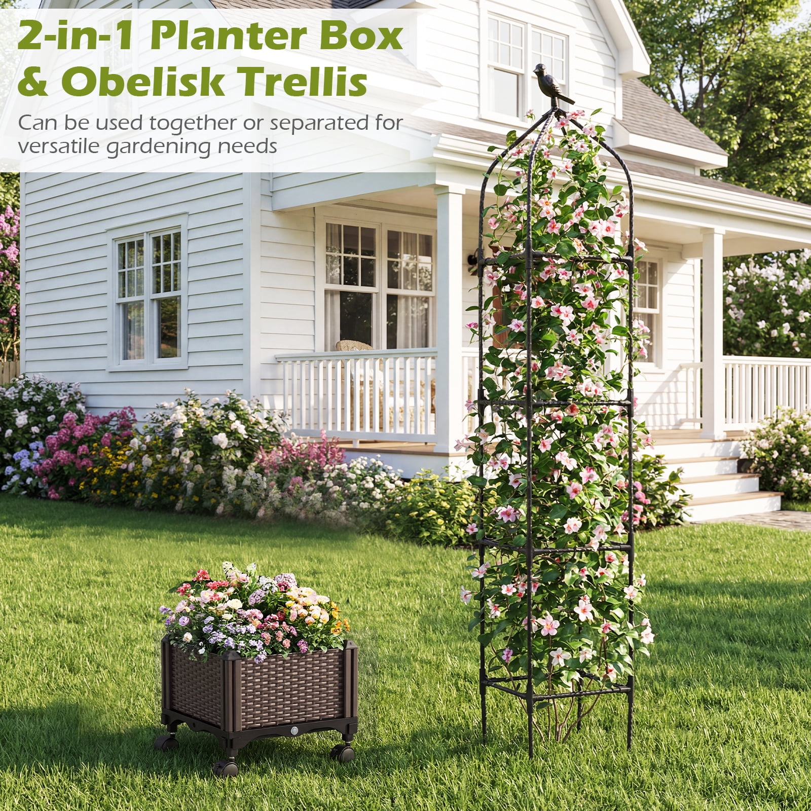 Costway 1 PCS Raised Garden Bed Tomato Cage Planter Box with PE-Coated Metal Trelli Wheels