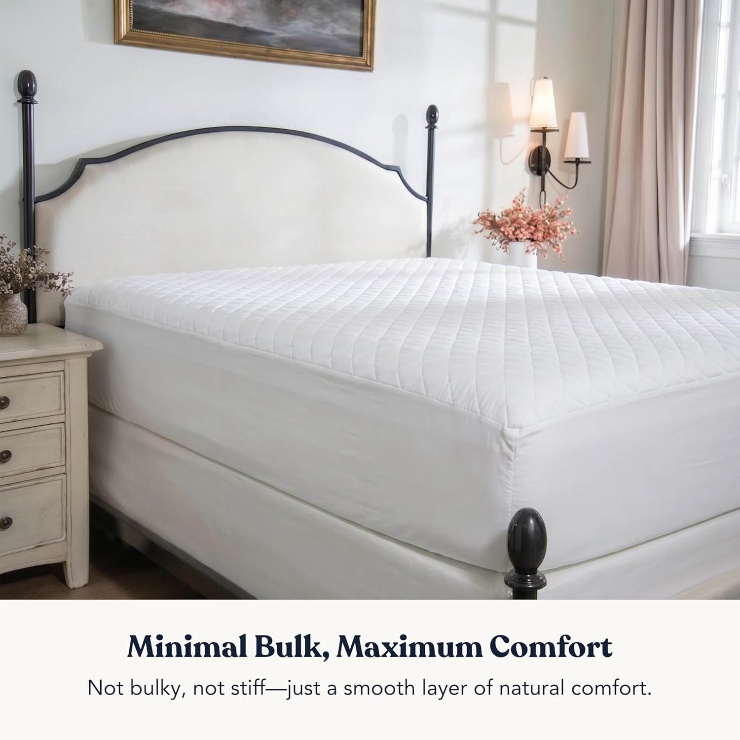 Delara Quilted Cotton Mattress Pad Cover, 100% GOTS Certified Organic Cotton Shell & Fill, 400TC, 300 GSM, 0.25" Cushioned Protection, Breathable, Machine Washable, Deep Pocket 18" - Queen 60"×80"
