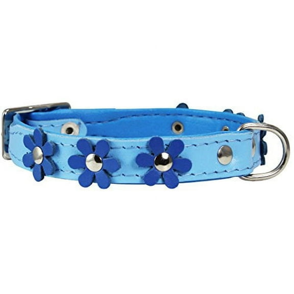 Real Leather Daisy Flowers Dog Collar (Blue/Baby-Blue, 10.75"-12" Neck; 5/8" Wide)