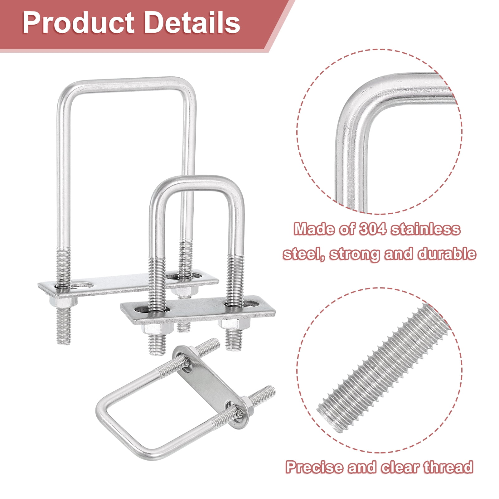 Uxcell 4 Sets 304 Stainless Steel Square U-Bolts, 3.54" Inner Width 5.12" Length M8