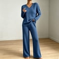 thumbnail image 2 of Women's 2 Piece Loungewear Outfits Ribbed Knit V Neck Long Sleeve Top and Wide Leg Pants Sets Soft Warm Fall Winter Casual Tracksuit Blue, 2 of 7