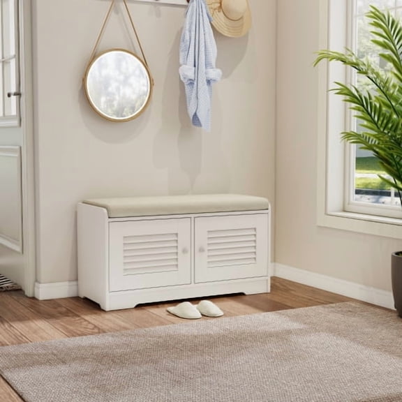 Nmkwnr Cushion Seat Shoe Storage Bench with 2 Door Cabinet and Shelves, 28.74" Shoe Bench Rack for Entryway, Hallway, Living Room