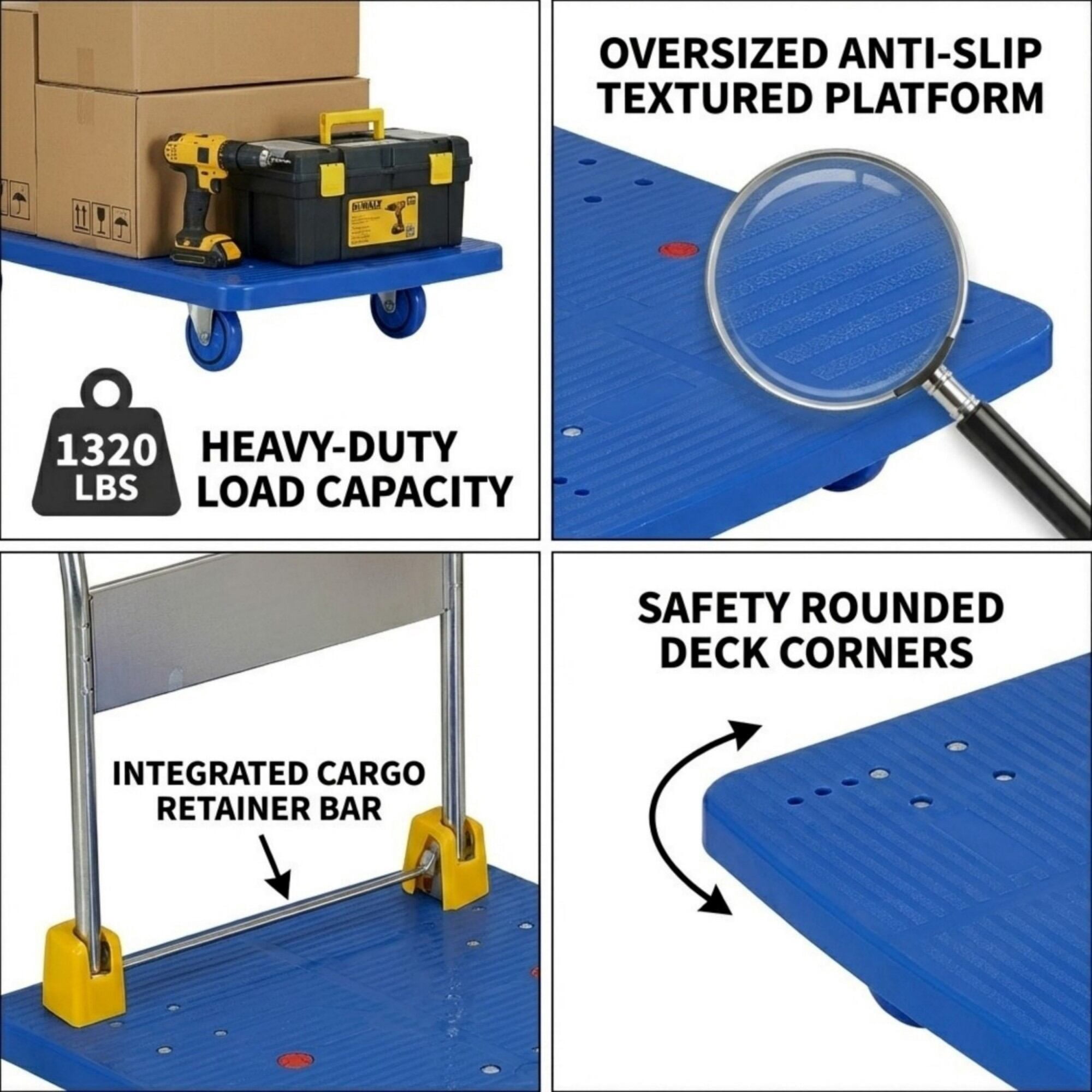 Dolly, Foldable Platform Push Hand Truck Cart, 1320 lbs. Weight Capacity, Blue Hand Truck,Metal Furniture Dolly, Auto Parts & Transport Hand Trucks & Dollies