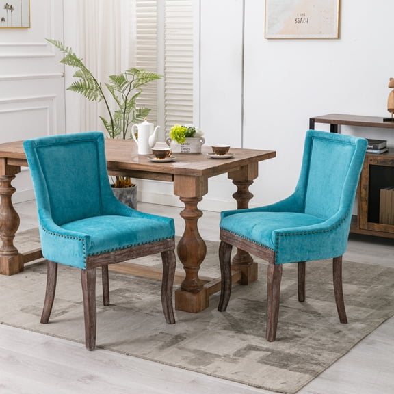 Ultra Side Dining Chair, Thickened Fabric with Solid Wood Legs, Bronze Nail Head, Blue, Set of 2