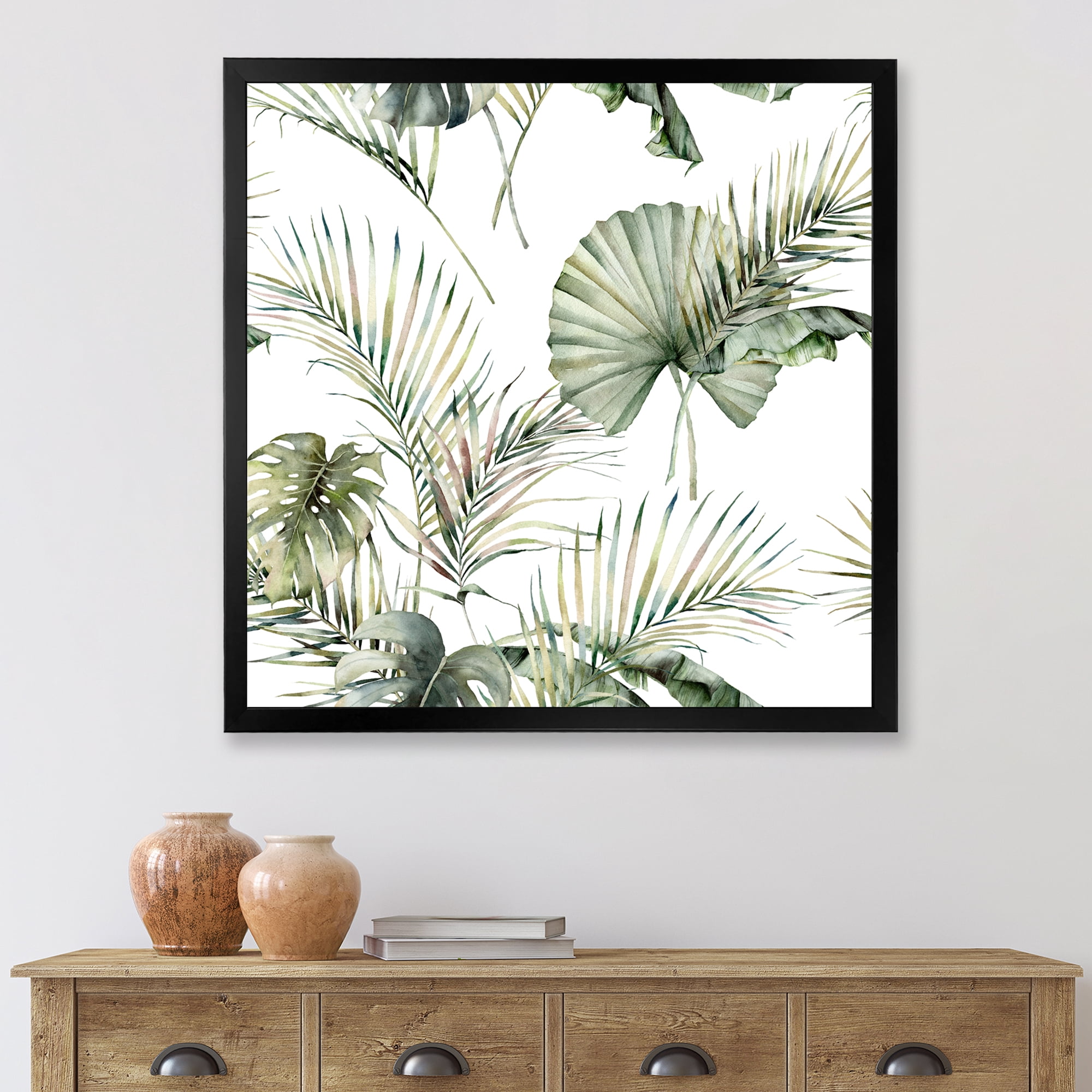 Designart 'Monstera and Coconut Leaves With Tropical Pattern' Traditional Framed Art Print