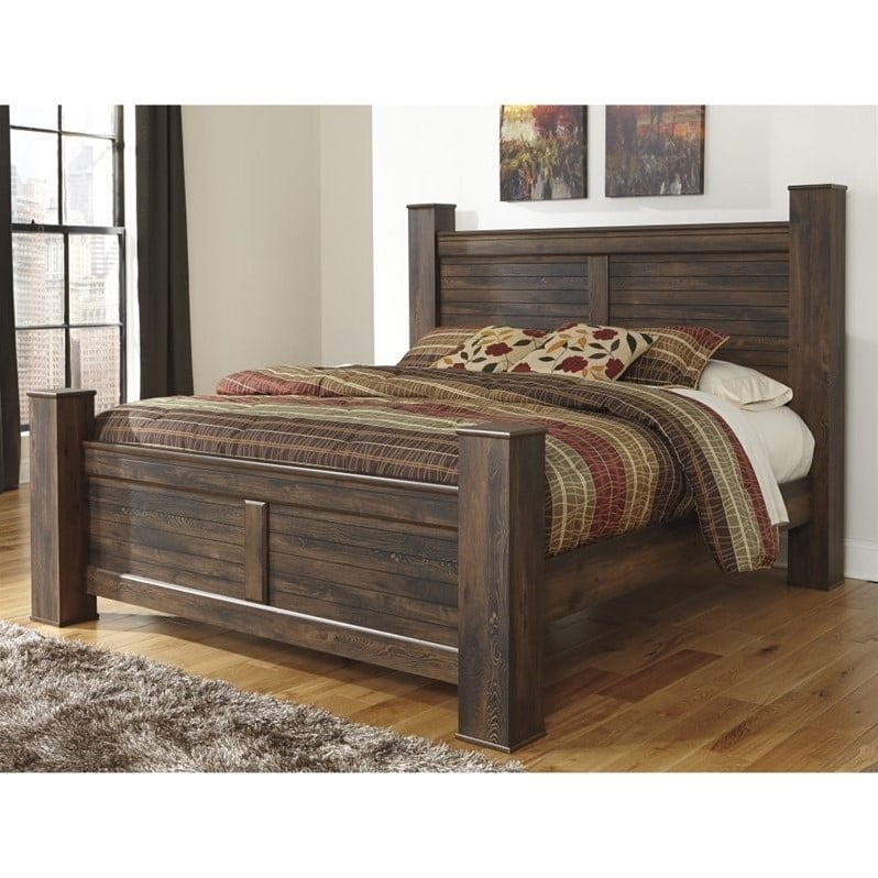 Ashley Furniture Quinden Wood Queen Poster Panel Bed in Dark Brown