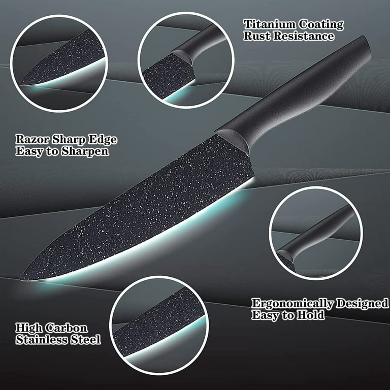 Marco Almond KYA39 12-Piece Black Kitchen Knife Set, Black Chef Knives with  Sharp Blades,Blade Guards,Stainless Steel,Dishwasher Safe 