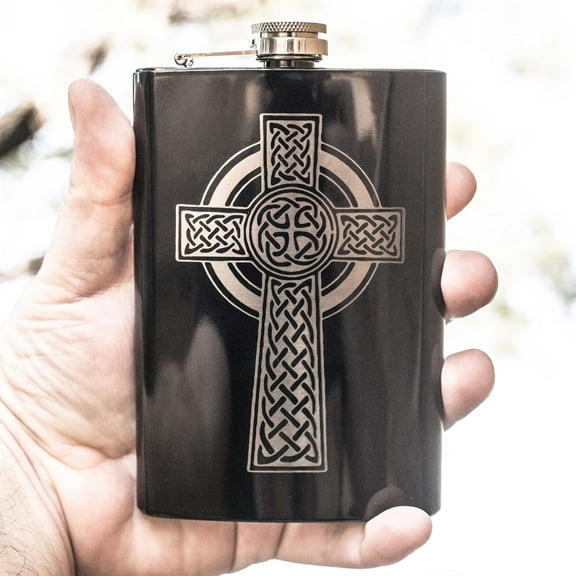 Hip Flask Plus 8oz BLACK Celtic Cross Flask - Leak-Proof & Symbolic Design