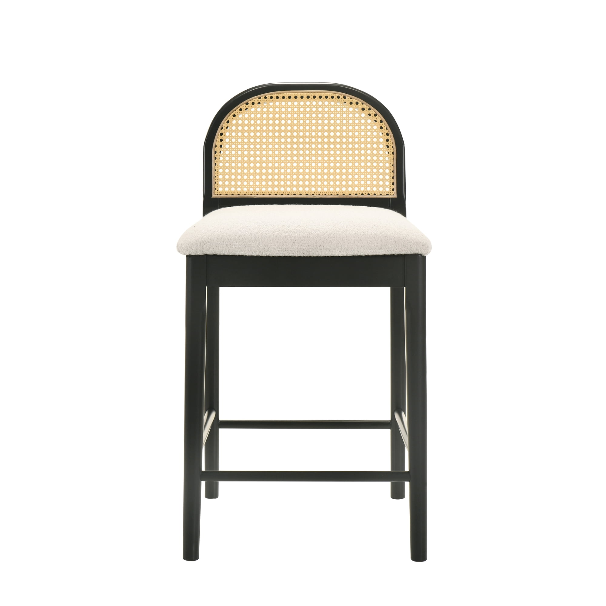 Lucio Modern Farmhouse Wood Counter Height Kitchen Bar Stool in Black Finish with White Boucle Fabric Upholstered Seat