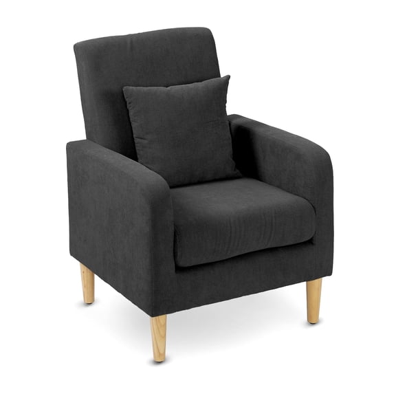 Black Upholstered Armchair with Wooden Legs and Pillow, Modern Accent