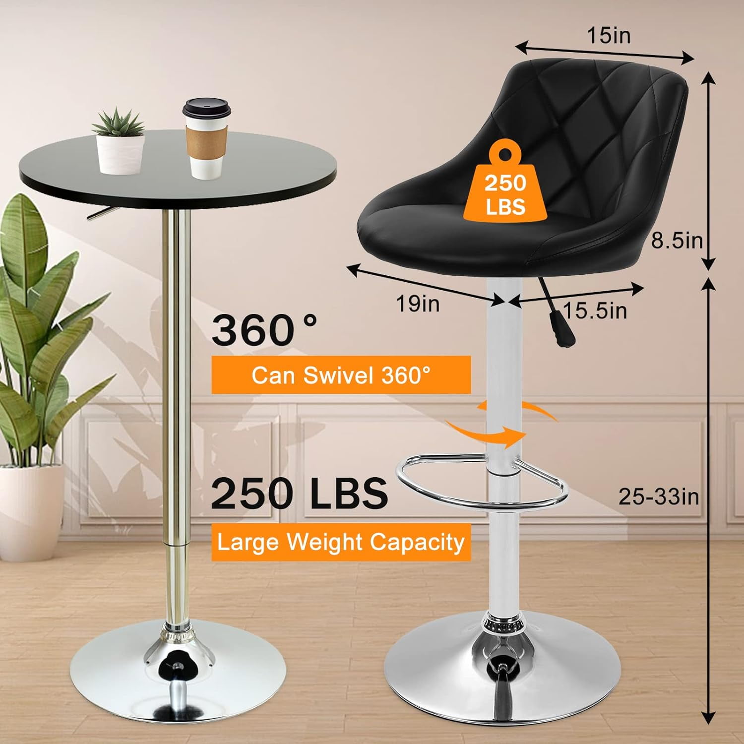 Modern Bar Stools Set of 2 Counter Height Adjustable Bar Chairs with Back and Chrome Base PU Leather Barstools Island Chairs for Kitchen Living Room Pub Swivel Bar Stools (Black)