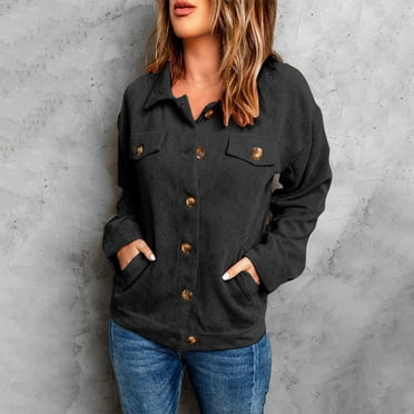 NSLGXD Corduroy Jacket for Women Button Down Jacket Coat Plain Long Sleeve Solid Velvet Fashion Autumn Winter Outwear Coat Ladies Shacket