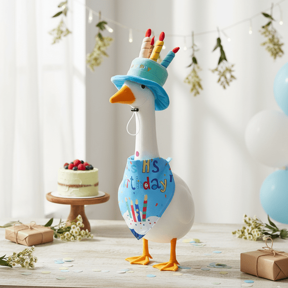 Happy Birthday Goose Costume Outfit with Cake Hat and Bandana Yard Outfits for 23 Inch Cement Goose Porch Decor, Blue
