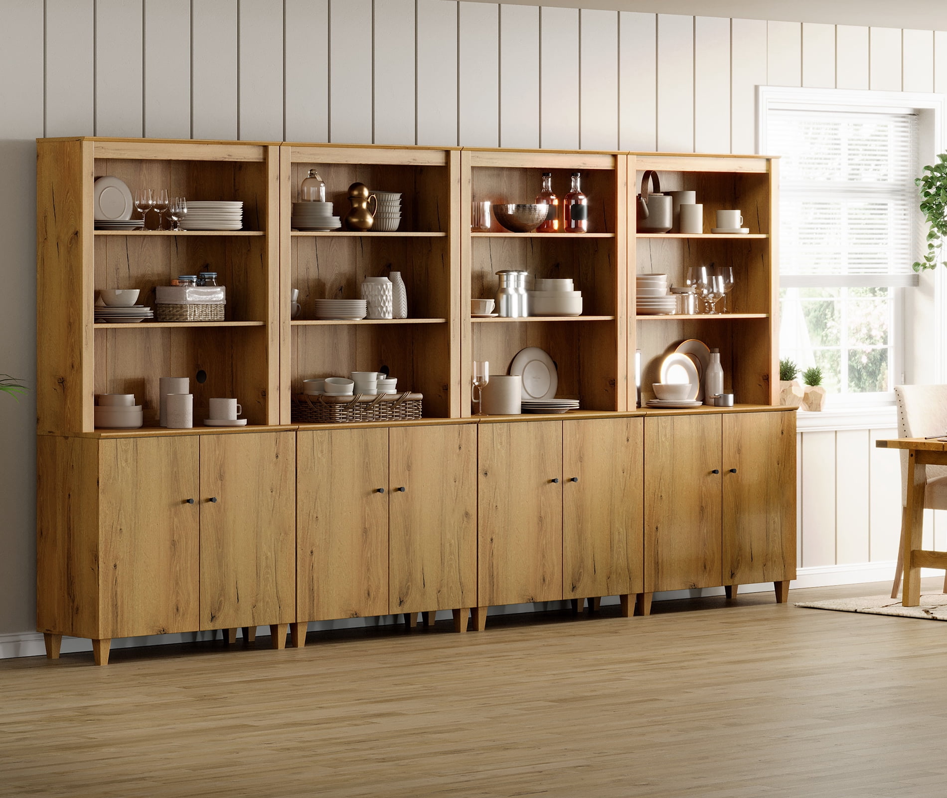 WAMPAT Modern 71" Tall Pantry Cabinet with Doors and Adjustable Shelves for Dining Room, 4-Column 5-Tier, Dark Brown Wood
