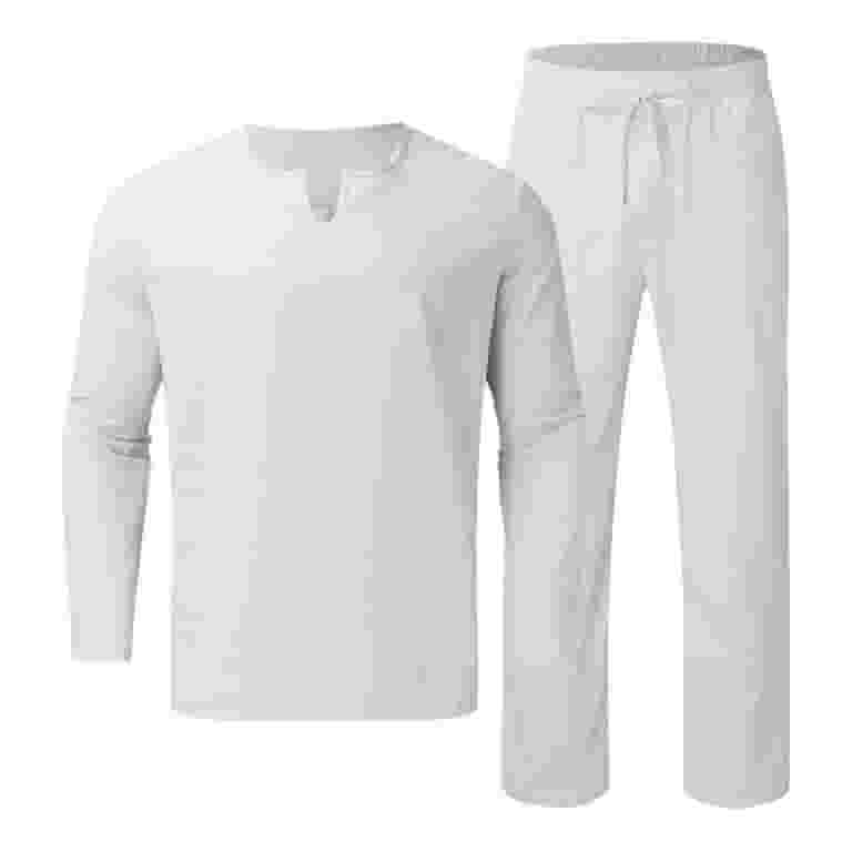 jsaierl Men 2 Pieces Cotton Linen Set Henley Shirt Long jsaierl Men 2 Pieces Cotton Linen Set Henley Shirt Long
