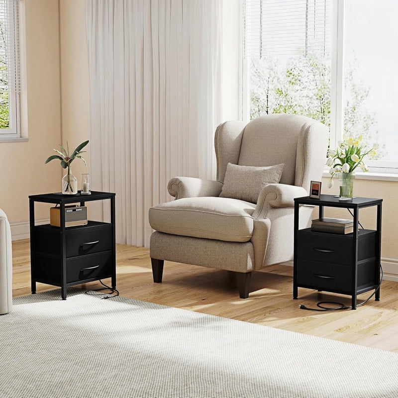 Kelno 2PCS Nightstand with 2 Fabric Drawers Charging Station USB TypeC Outlets Small Bedside Table with Open Storage Shelf, Black