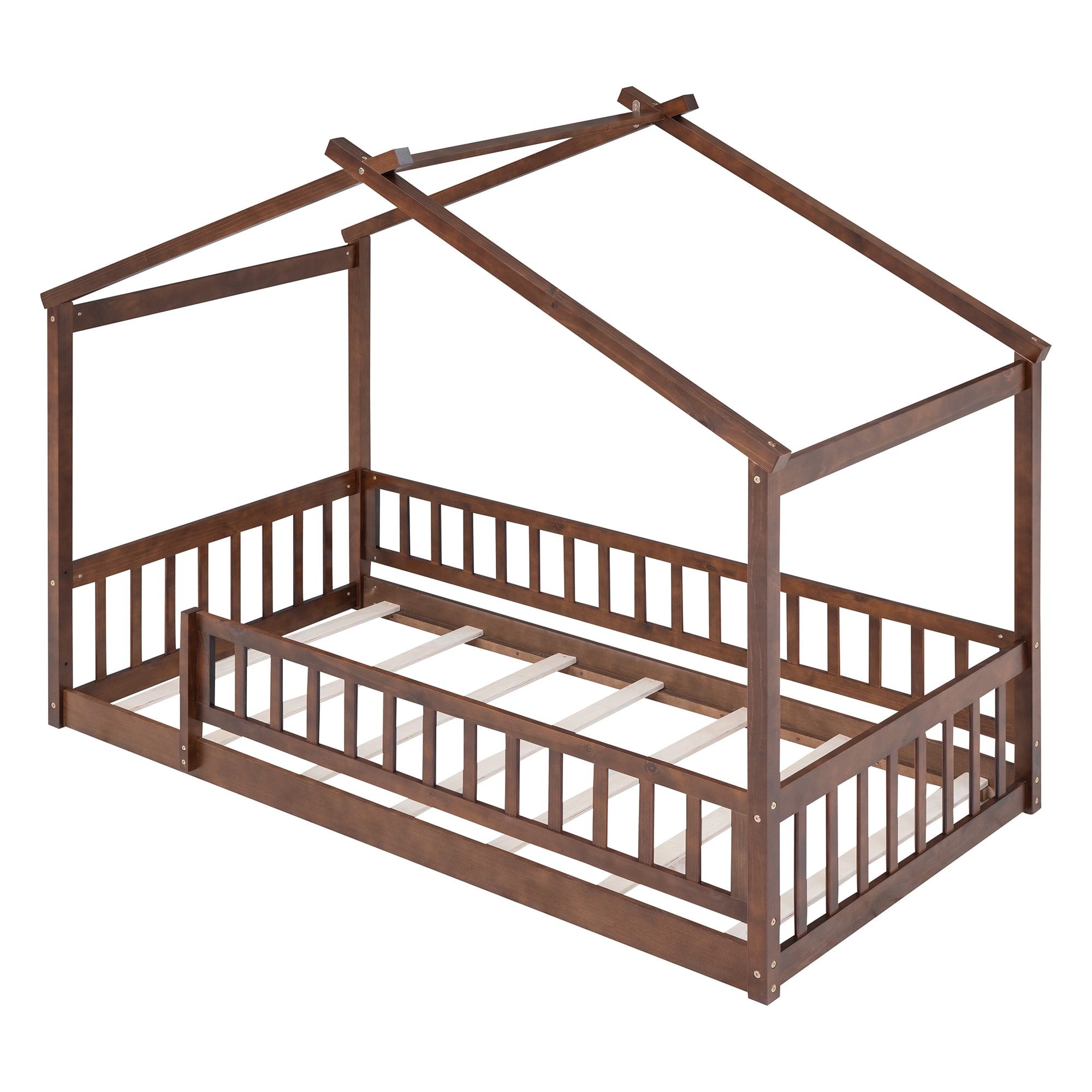 Cadre de lit cabane en bois Noble House pour lit simple avec clôture, noyer