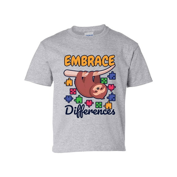 Youth Children's Unisex Autisim Awareness Sloth Embrace Differences Short Sleeve T-shirt-Sports Grey-xs