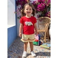 thumbnail image 6 of RUINIXCW Toddler Baby Girl Back to School Outfits Kids Girls Kindergarten Summer Clothes First Day of School Outfit Bow Bus Embroidery Short Sleeve T Shirt Tops and Striped Shorts Set, 6 of 9