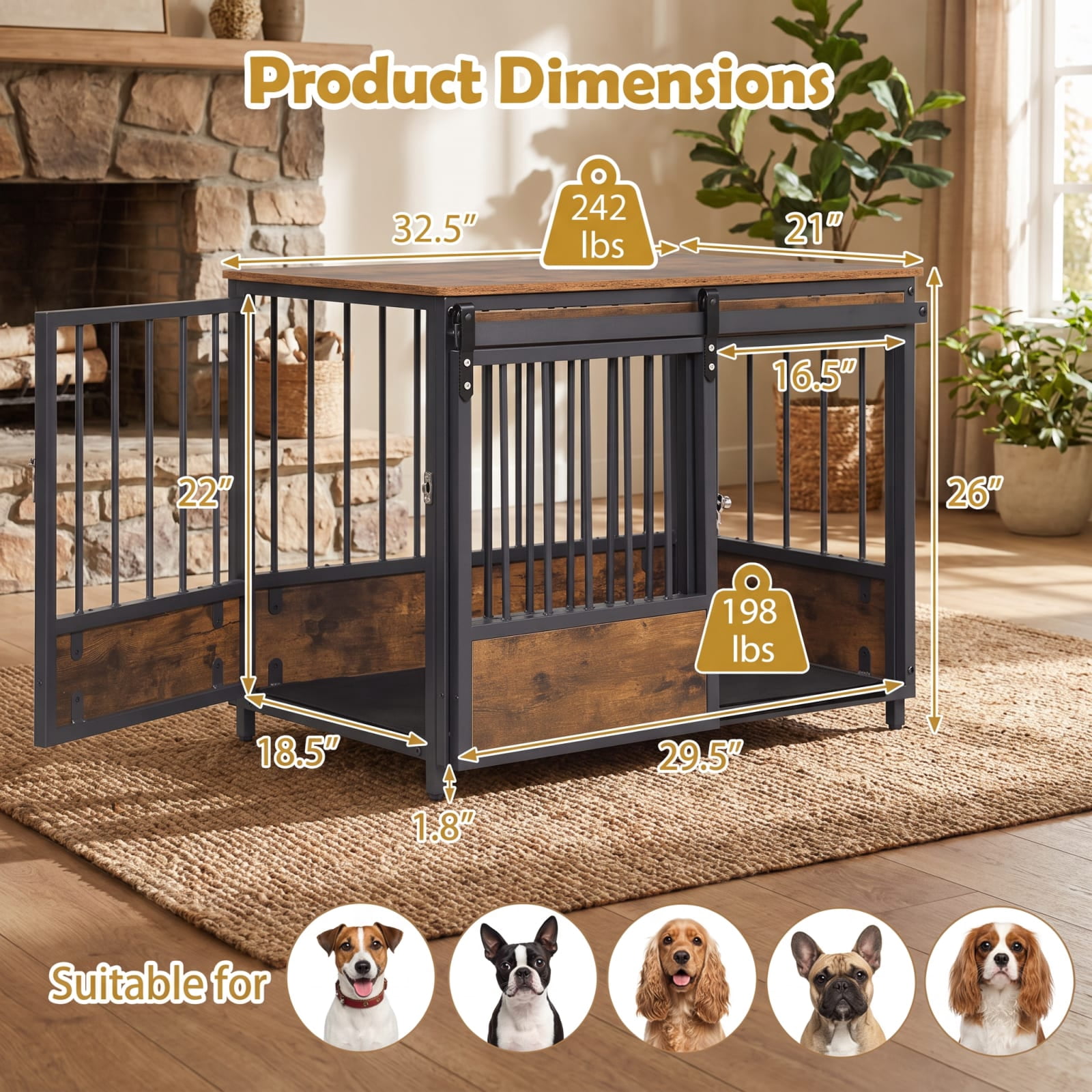 Vebreda 32.5-inch Furniture Style Dog Crate with 2 Doors, Sliding Barn Door and Oxford Mat, Rustic Brown