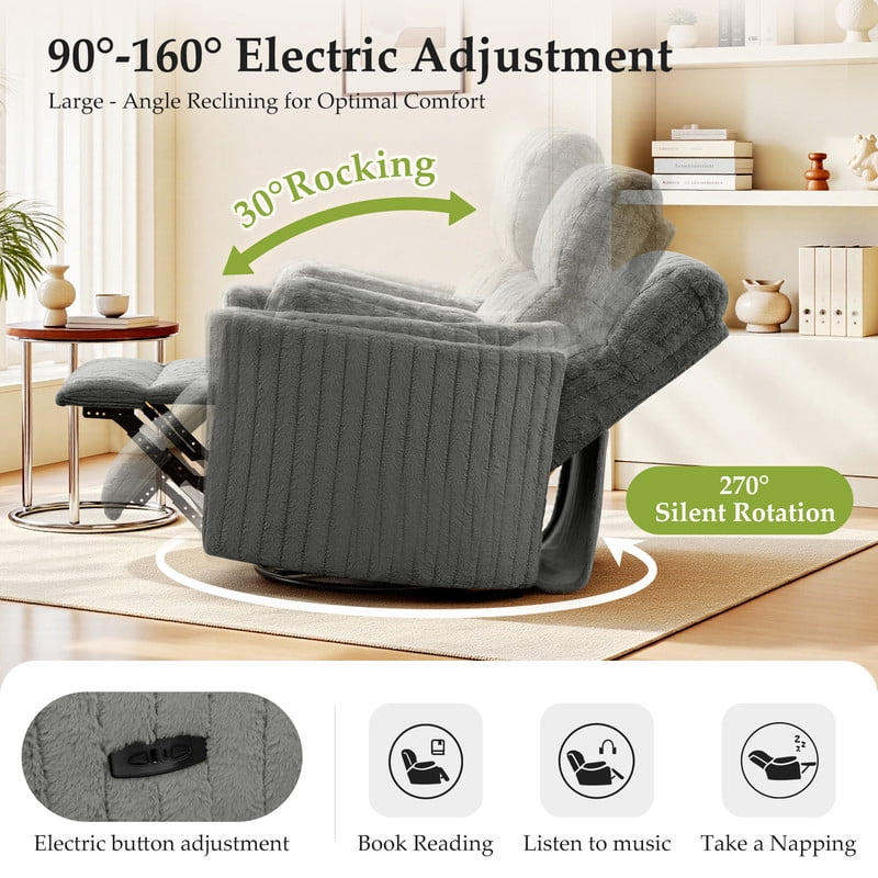 ATHOPE Powered Recliner Chair, Comfy Rocking Chair Nursery with USB Ports, Modern Velvet Swivel Glider Rocking Chair with High Back Deep Seat, for Living Room Small Space, Gray