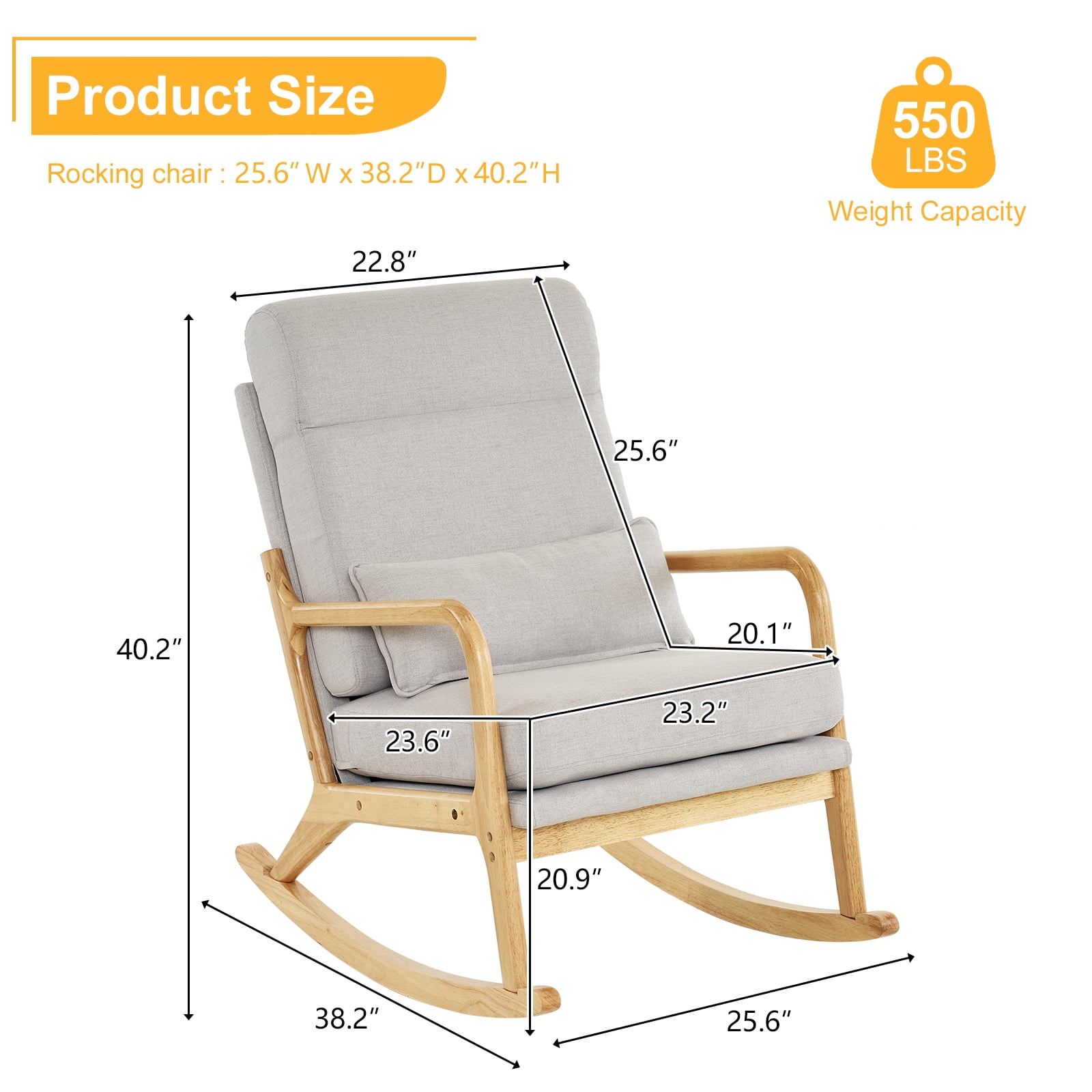 UBesGoo Linen Fabric Rocking Chair,Mid-Century Glider Rocker with Padded Seat and Wood Frame, Modern Accent Chair for Living Room Light Gray
