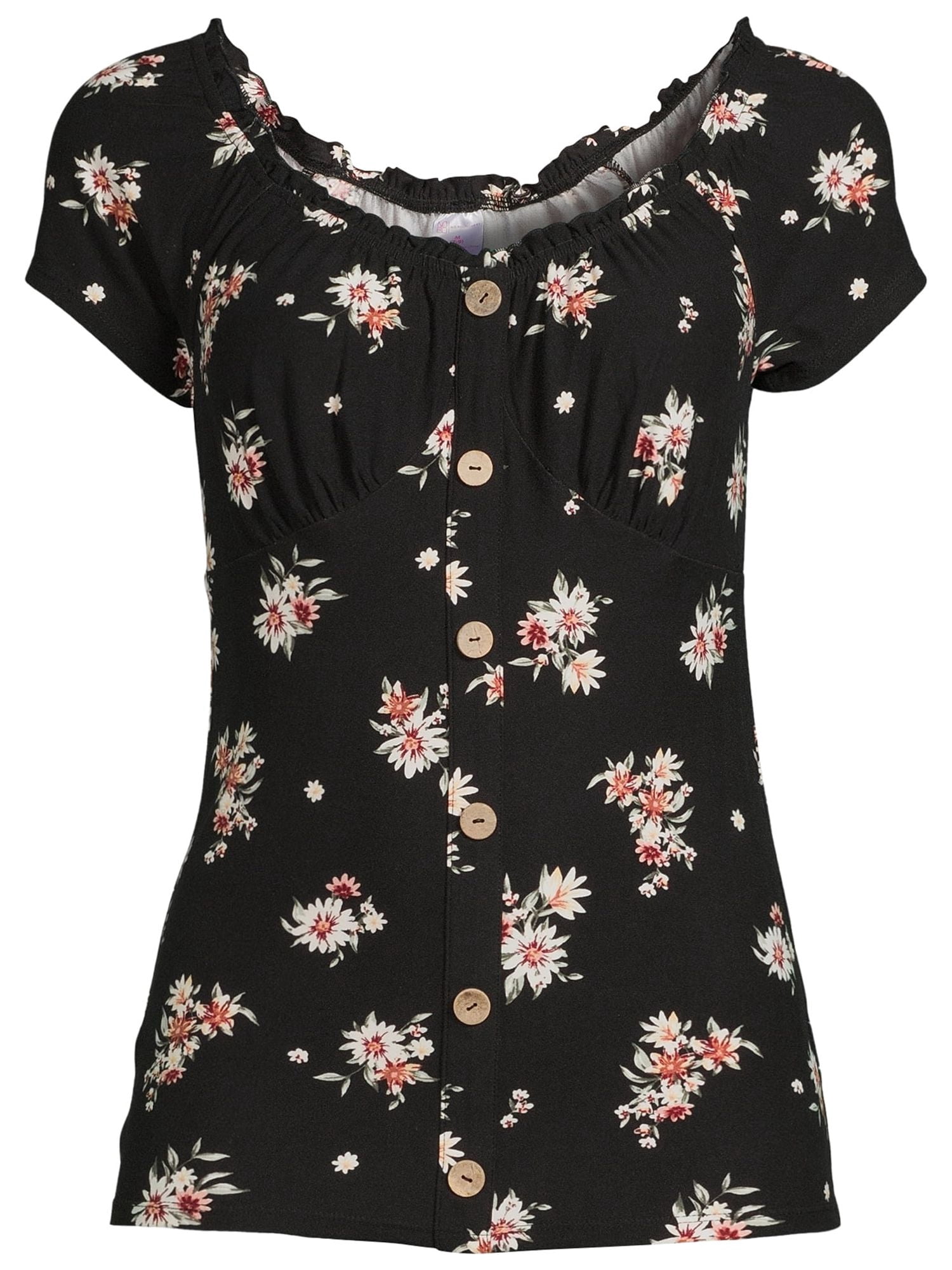No Boundaries Juniors' Floral Button Front Top