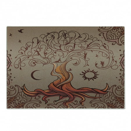 

Ethnic Cutting Board Vintage Tree of Life Sun and Moon Elf on Branches Enchanted Decorative Tempered Glass Cutting and Serving Board Small Size Orange Mauve Taupe by Ambesonne