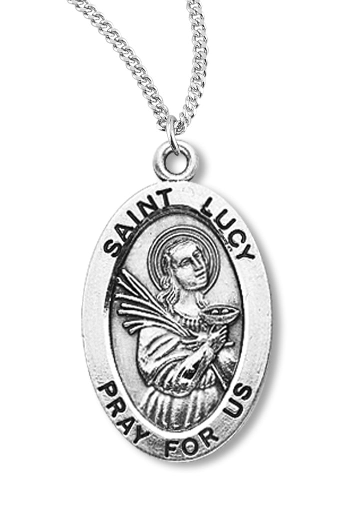 Sterling Silver St Lucy and Sacred Heart Medal Necklace Oval 1.8mm Chain