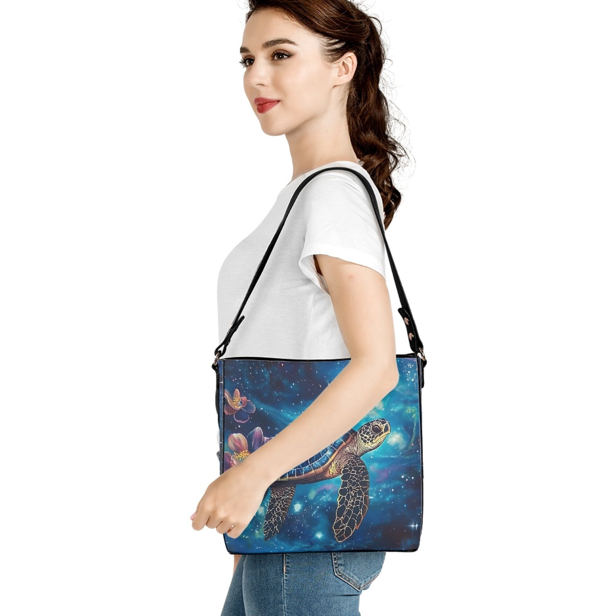 Kuiaobaty Sea Turtle Print Leather Crossbody Bag for Women Lady, Trendy Lotus Print Hobo Satchel Purse with Adjustable Strap, Roomy Bucket Tote Bag Handbag Crossbody for Travel, Blue