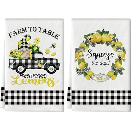 

JOOCAR Kitchen Towels Black and White Buffalo Plaid Truck Bow Yellow Gnome Lemon Tulip Bee 16x27.5 Inches Kitchen Towels for Kitchen Decor Housewarming Gift Towels Set of 2