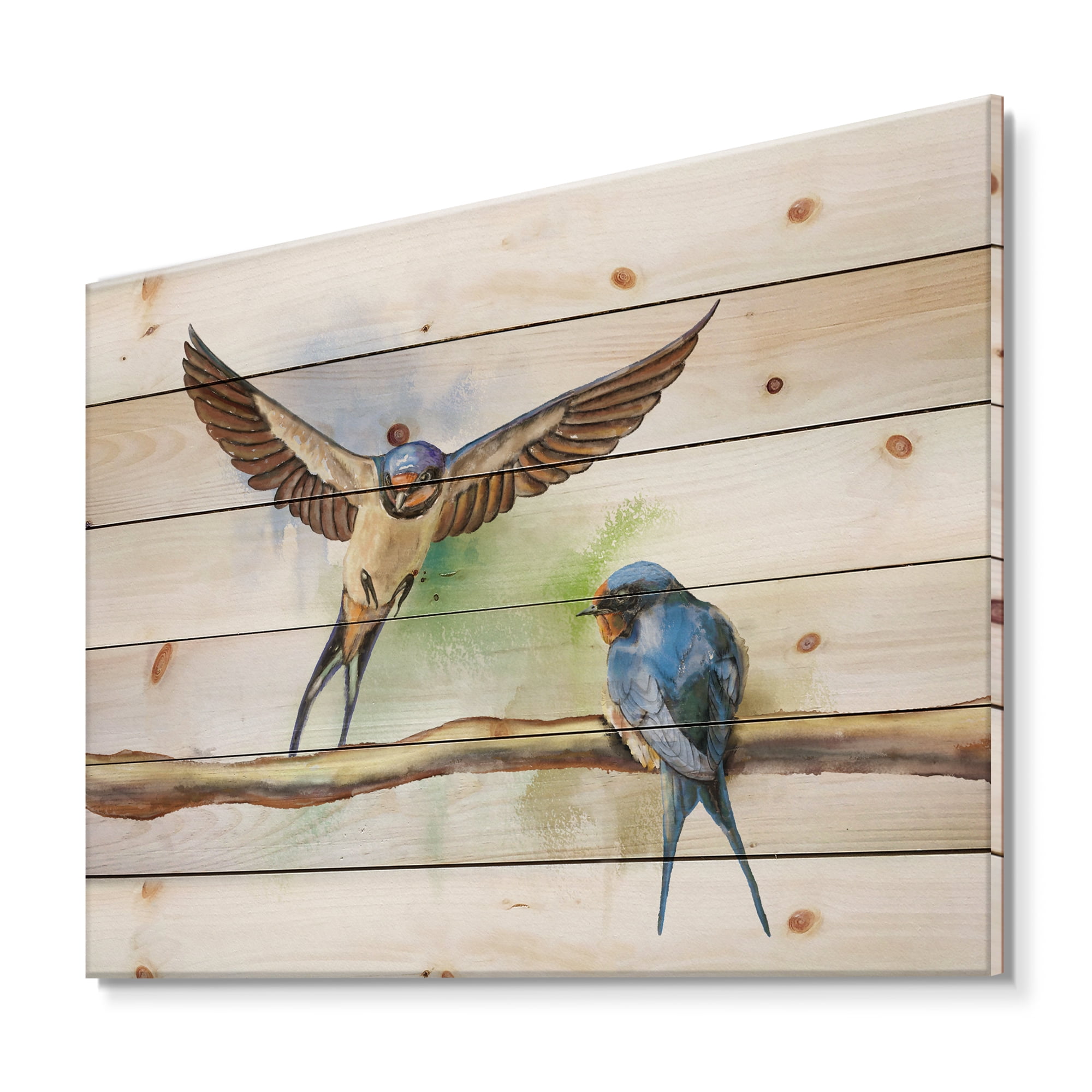 Designart 'Two Barn Swallows Birds On Branch' Farmhouse Print on Natural Pine Wood