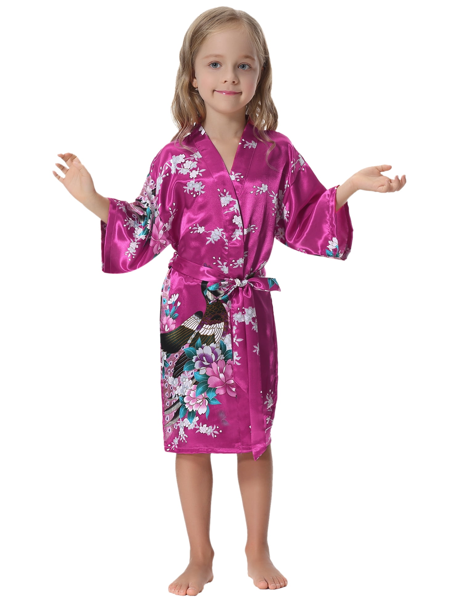 Aibrou Girls Satin Floral Kimono Robe Nightgown Bathrobe for Wedding Party