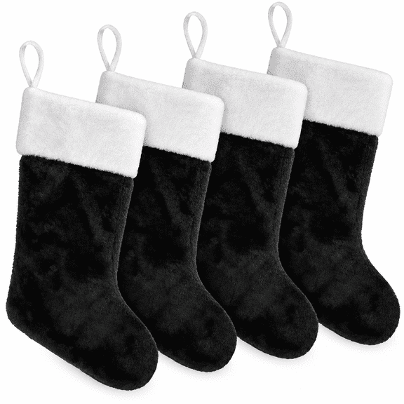 4 Pack Black Christmas Stockings, 18 Inch Plush Holiday Stockings with Soft White Cuff and Hanging Loops for Fireplace Mantel Decor
