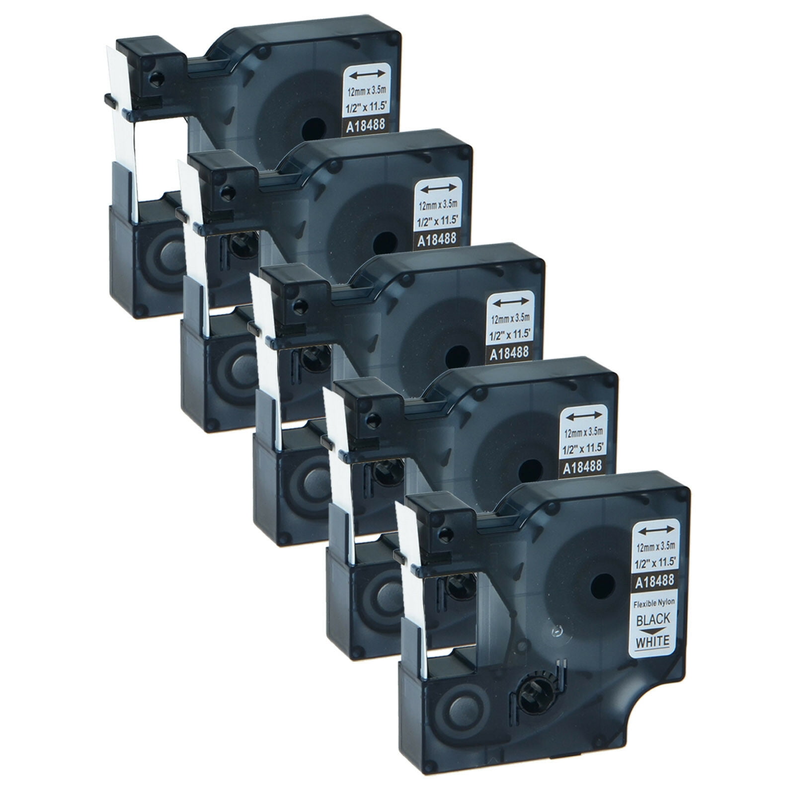 5PK For DYMO Rhino 4200 5200 1/2" Black on White Flexible Nylon Label