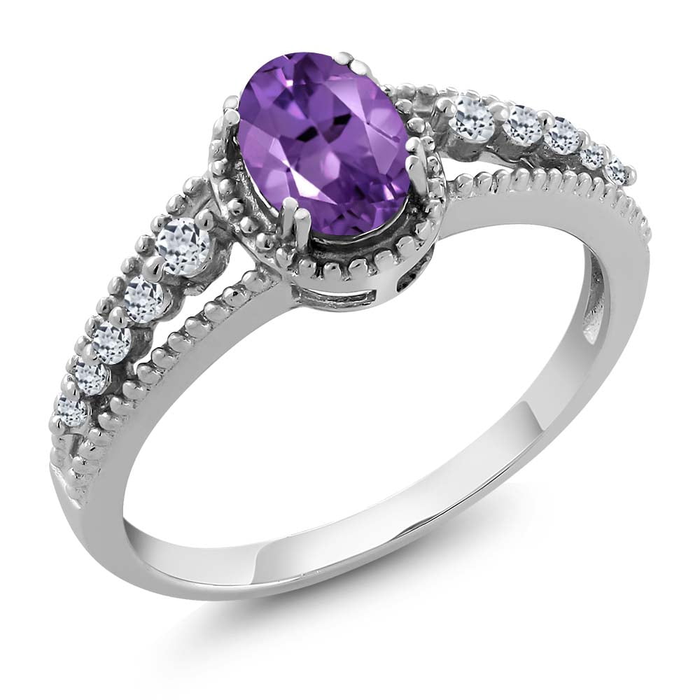Gem Stone King 925 Sterling Silver Purple Amethyst and White Topaz Engagement Ring for Women | 0.96 Cttw | Gemstone Birthstone | Available in Size 5, 6, 7, 8, 9