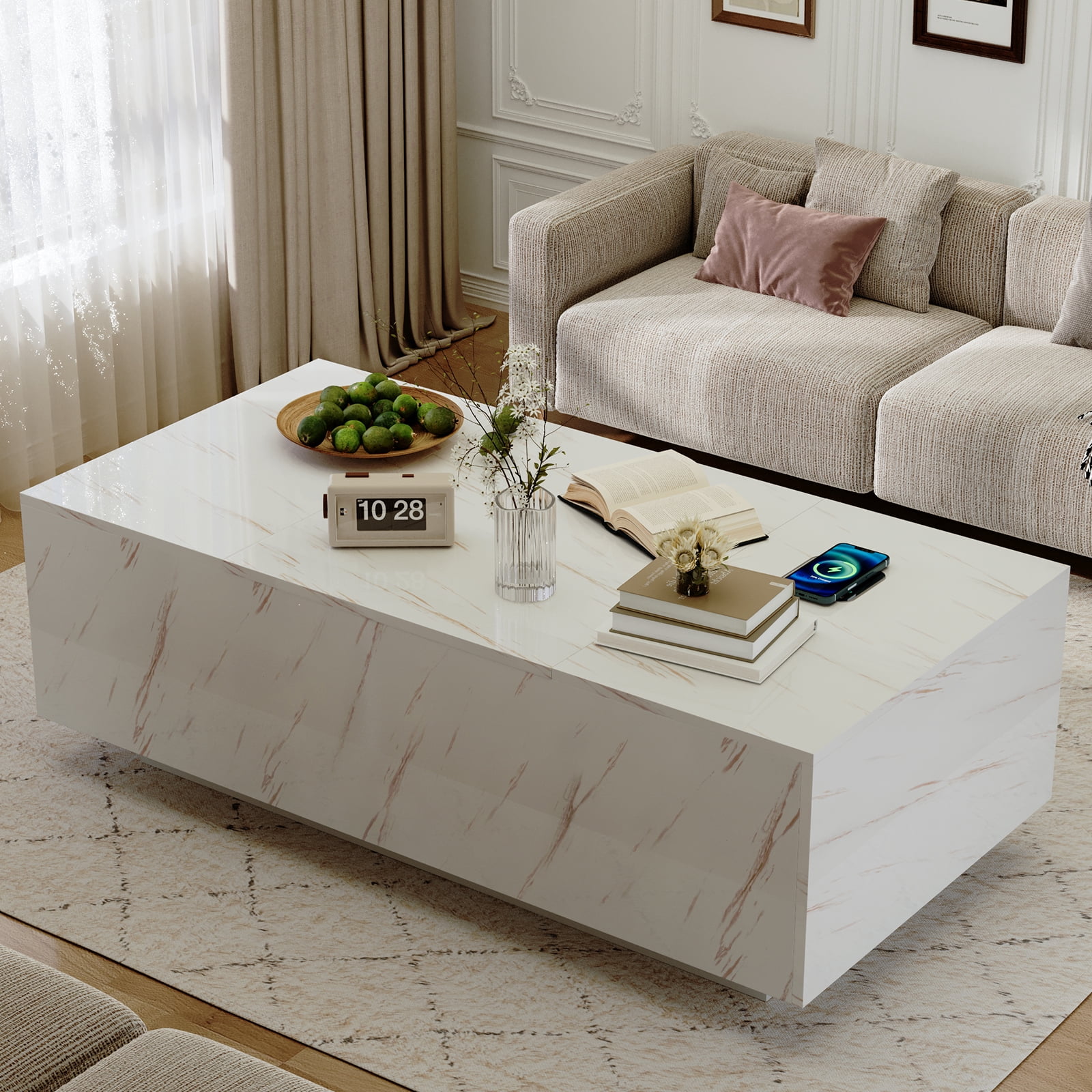 Hommoo Coffee Table with Storage and 24-Color LED Lights, Wooden Faux Marble Console Table, Wireless Charging and Bluetooth Speaker, Black