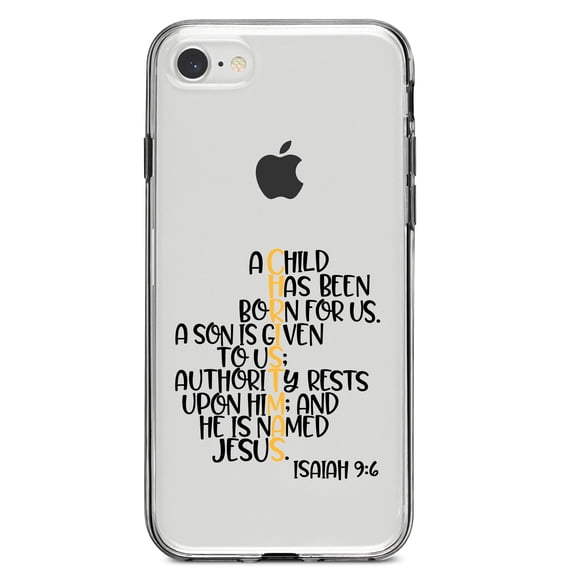 DistinctInk Clear Shockproof Hybrid Case for iPhone 7 8 SE (2020 Model) 4.7" Screen TPU Bumper Acrylic Back Tempered Glass Screen Protector - Christmas - Isaiah 9:6 - Black Yellow