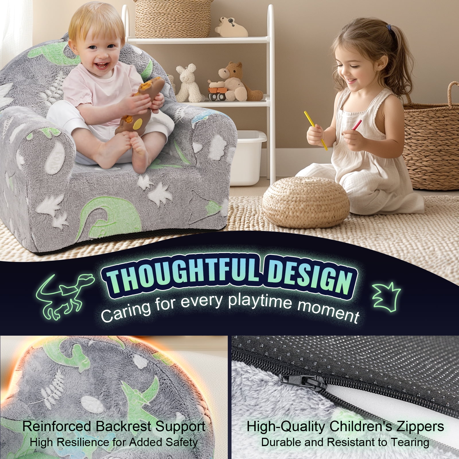 KFFKFF Children's Chair, Comfortable Armchair for Toddlers, Convertible Couch Bed with Glow-in-the-Dark Feature, Playroom Seating for Children, Unisex Design, Grey