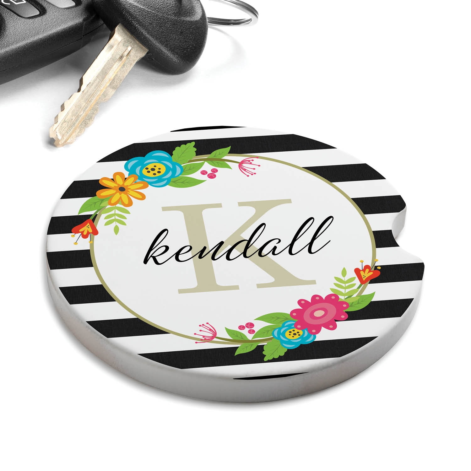 Floral Stripes Personalized Car Coaster Set