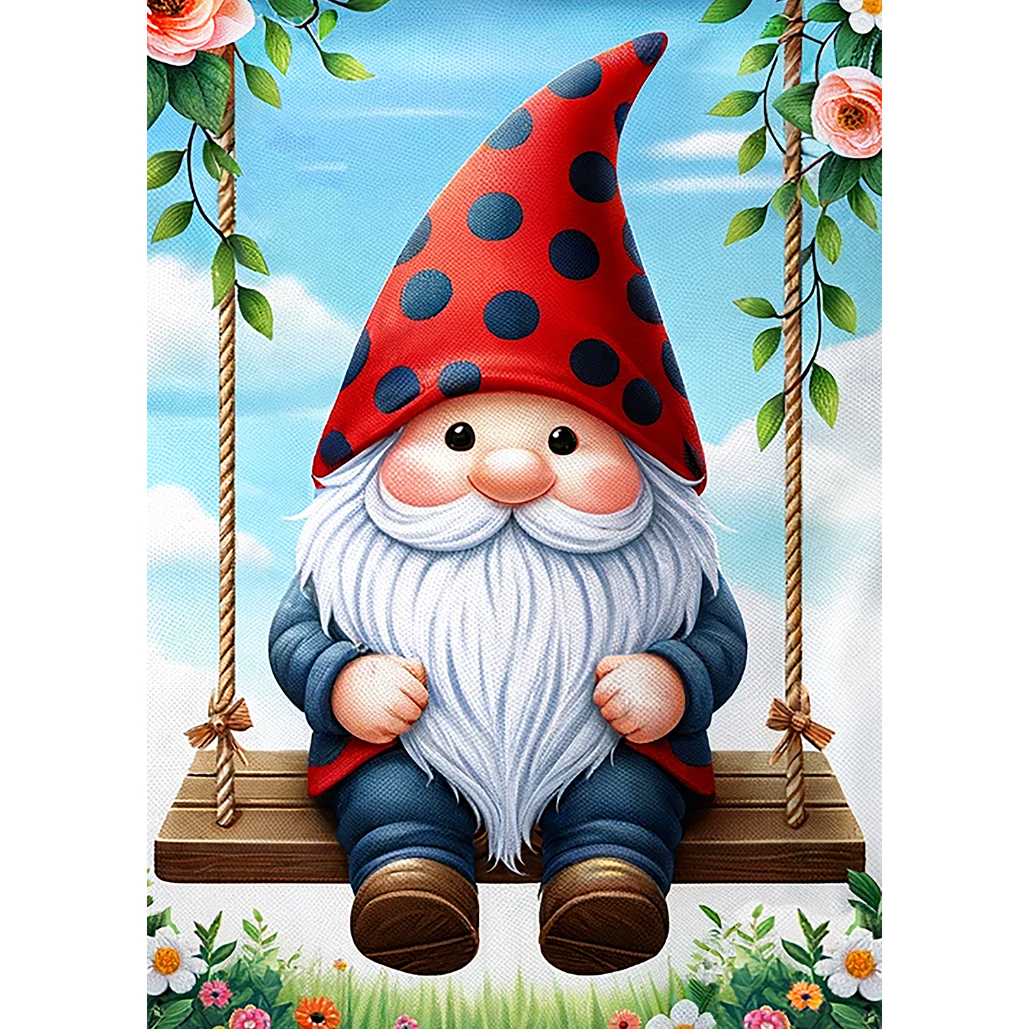 America Forever Gnome Spring Swing House Flag 28 x 40 inch Double Sided Garden Gnome Tree Swing Roses Flowers Spring Summer Seasonal Outdoor Yard Decorative Flag