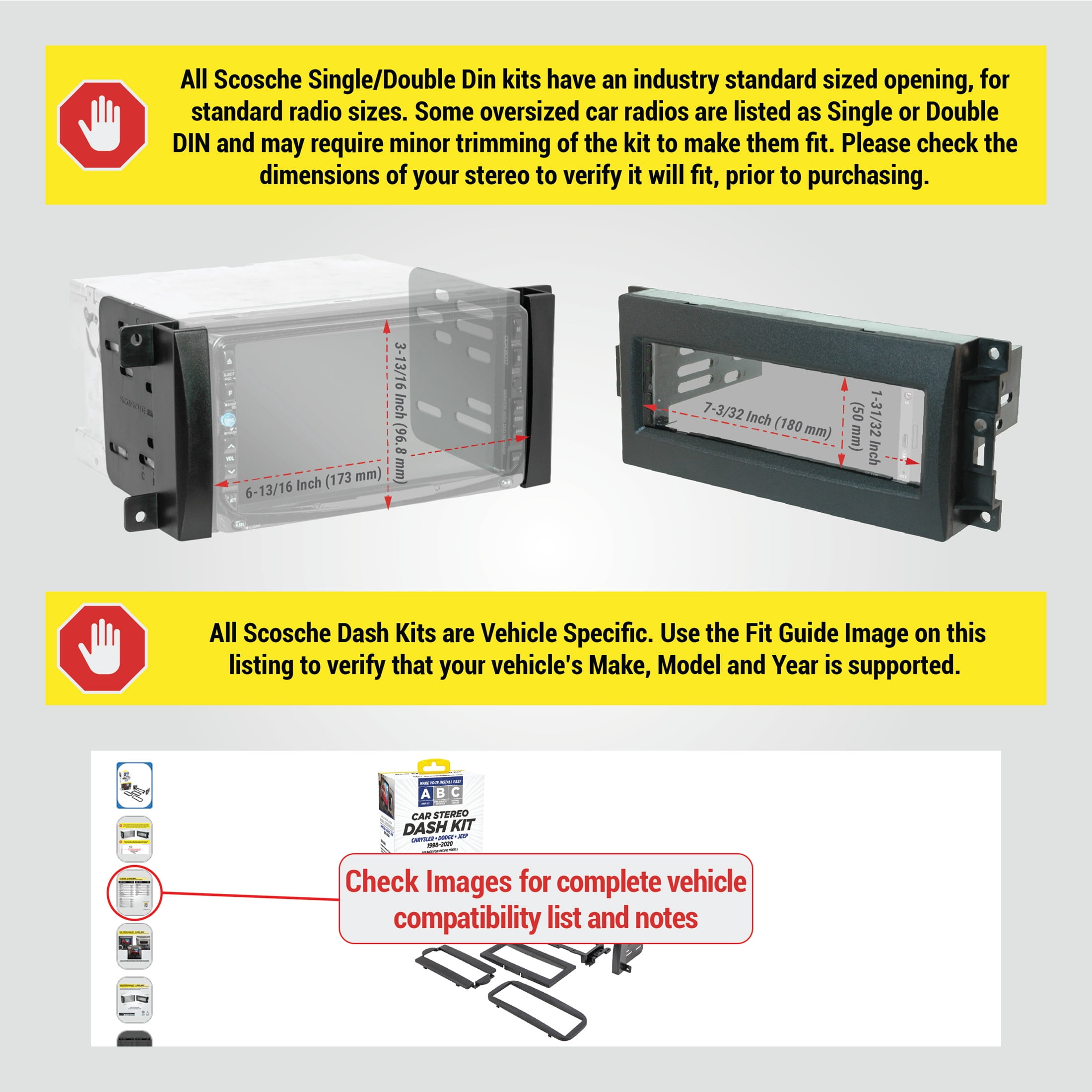 Scosche Double or Single DIN Dash Kit Compatible w/ ‘98-20 Chrysler/Dodge/Jeep/Mitsubishi/Plymouth/VW  Cars & Trucks CJ2090