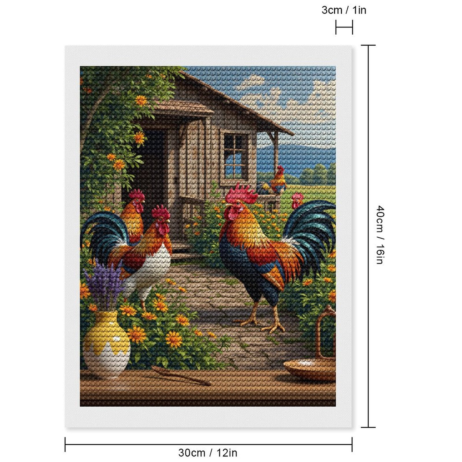 Diamond Art Kits for Adults, Rooster Garden Rustic Cottage Scene 5D Diamond Painting Kits for Adults Beginners, DIY Full Drill Diamond Painting, Gem Art and Crafts 12x16