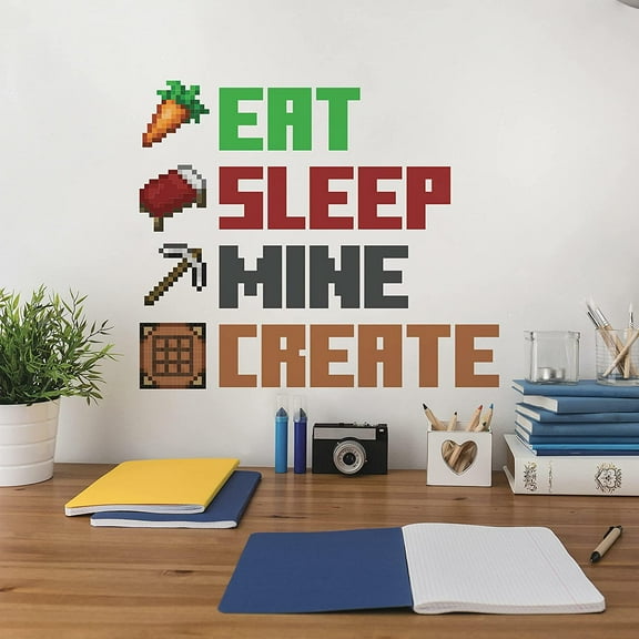 QTH RoomMates RMK5007SCS Minecraft Eat Sleep Mine Create Quote Peel and Stick Wall Decal,Red, Brown, Green