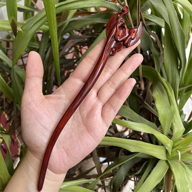 Horquilla antigua tallada en madera de sándalo rojo lobular, placa para el cabello, artesanías de madera pulida a mano, regalos antiguos de caoba