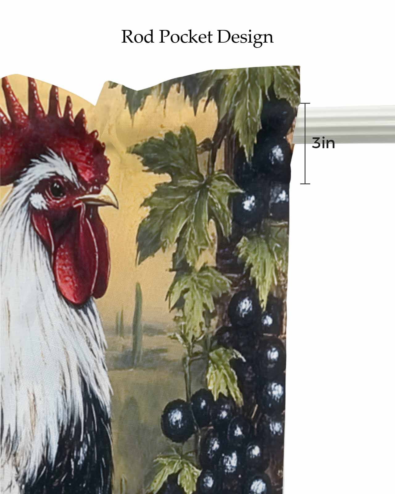 Black White Vintage Rooster Kitchen Valances for Windows Farmhouse Linen Window Valance Curtain for Living Room Window Treatment Pastoral Animals Watercolor Valance Rod Pocket Topper, 60 x 18 Inch