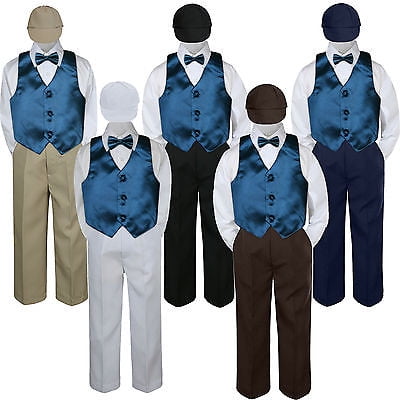 5pc Baby Toddler Boys Green Teal Vest Bow Tie Brown Pants Hat Suit Outfits S-7 4T