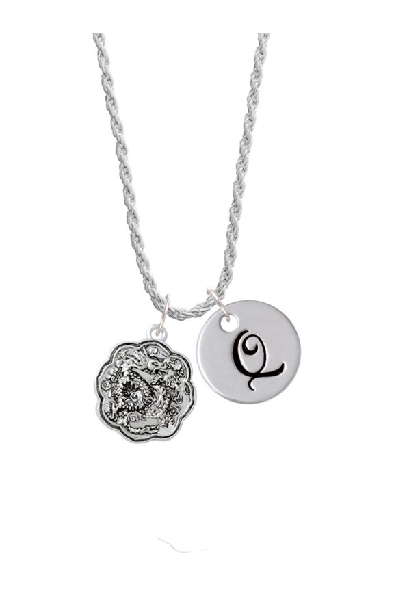Silvertone Dragon and Phoenix Medallion Silvertone Script Initial Disc - Q - Charm Necklace, 20"+3"